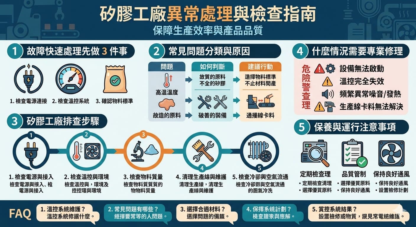 在矽膠工廠運營中，經常會遇到各種設備故障與生產問題。為了確保矽膠工廠運行順利，本文將介紹如何快速處理常見的異常情況，包括設備過熱、原材料質量不穩、溫控失靈等問題。通過步驟化排查，你可以更精確地定位問題，並進行有效的解決。學習如何維護設備與保持高效生產，從而提升矽膠工廠的運營效率與產品品質。